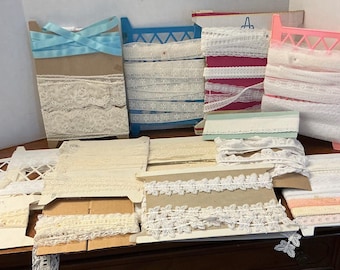 Large lot of 17 ‘cards’ of variety of  vintage sewing trims lace mostly white