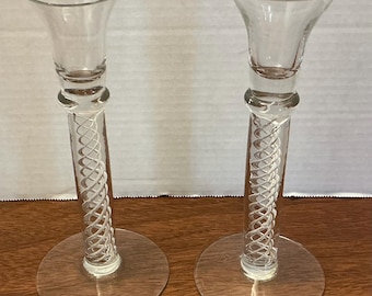Set of 2 Tiffany & Co. Crystal twist helix candlestick candle holders Signed 8”