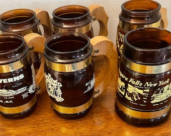 Lot of 6 Vintage Souvenir Siesta Ware Barrel Mug Amber Wood Handle NY PA Niagara