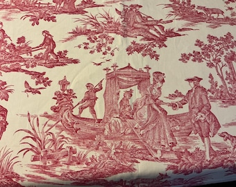 VTG Bloomcraft Toile Fabric Pink Red Southern Equestrian 117"x48" 1 Piece 3+ yds