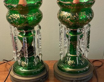 Vintage Pair Of Bohemian Green Glass Mantle Lustre Luster Electric Lamps working
