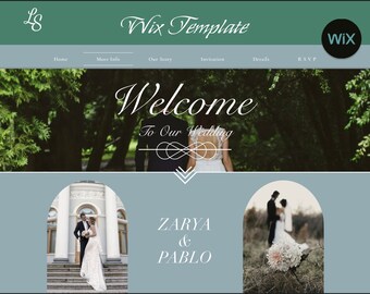 May include: A wedding website announcement with a green and blue color scheme. The text reads "Welcome to Our Wedding" with the couple's names "Zarya & Pablo" below. The website includes links to "Home", "More Info", "Our Story", "Invitation", "Details", and "RSVP".