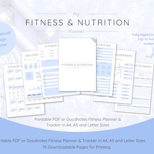 May include: A 15-page digital fitness and nutrition planner featuring white pages with light blue accents and black text. The planner includes sections for wellness, measurements, and exercise tracking, with a fully hyperlinked index for navigation.