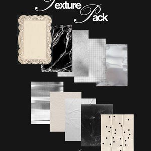 Könnte beinhalten: Schwarzer Hintergrund mit den Worten "Texture Pack" in einer Schreibschrift. Das Bild zeigt zehn verschiedene strukturierte Papier- und Stoffmuster, darunter Spitze, zerknitterter Kunststoff und zerknittertes Papier. Der Text "10 Dateien" und die Initialen "ABL" sind ebenfalls vorhanden.
