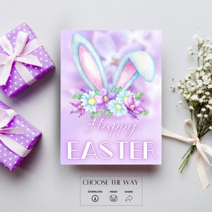 Happy Easter Card, Printable Postcard with Rabbit Ears, Blank Greeting Card, JPG/PNG for Whatsapp/Mailing Greetings, Purple