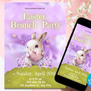 Invito digitale per brunch di Pasqua, modificabile con Canva, invito per il brunch della festa di Pasqua con coniglio. lilla, viola e verde