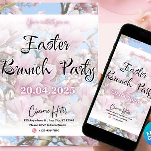 Elegant Easter Brunch Digital Invitation, Editable with Canva, Easter Party Brunch Invitation with Flowers. Pink and White