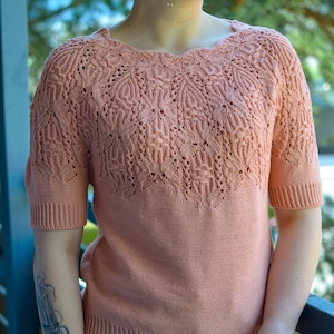 May include: A pale pink knitted sweater with a delicate lace pattern around the neckline and short sleeves.