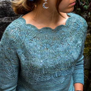 Op de afbeelding: Een blauwgroene en blauwe gebreide trui met lange mouwen, een geschulpte halslijn en een ingewikkeld kantpatroon op het schouderstuk. Het kledingstuk is gemaakt van gemêleerd garen dat tinten groen en blauw combineert voor een textuur.