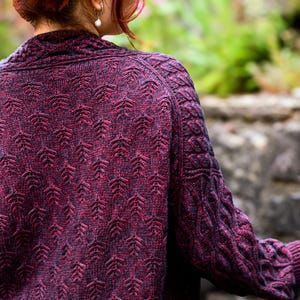 Könnte beinhalten: Burgunderfarbene und marineblaue Strickjacke mit Blättermuster. Der langärmlige Pullover hat ein strukturiertes Design an den Ärmeln und einen gerippten Kragen. Die Rückseite des Pullovers ist sichtbar und zeigt die komplizierte Strickarbeit.