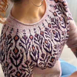 Può includere: Un maglione lavorato a maglia con scollo rotondo e un motivo colorato sullo sprone. Il design presenta motivi floreali viola scuro e arancioni su una base di filato rosa chiaro maculato, con maniche corte.
