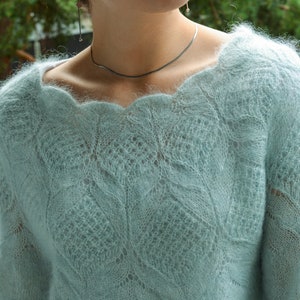 May include: A light blue, fuzzy knit sweater with a delicate lace pattern. The sweater has a wide, scalloped neckline.