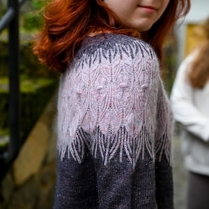 May include: A knitted sweater in shades of gray and lavender. The sweater features a detailed leaf-like pattern across the upper chest and shoulders. The design incorporates flecks of color, adding visual interest. The sleeves and lower portion of the sweater are a darker gray.