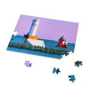 Majestic Mackinac Sunset: Round Island Lighthouses Landscape Puzzle 120, 252, 500-Piece Great Lakes Travel Photography image 5