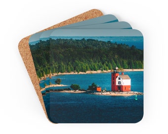 Round Island Lighthouse 4 Cork Coaster Set - Mackinac Island Michigan Maritime Charm | Travel Landscape Photography Drink Accessory