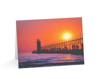 South Haven Lighthouse Sunset Greeting Card | Lake Michigan | Blank Inside Card, Thank You Cards, Birthday Messages, Set of 1, 10, 30, 50