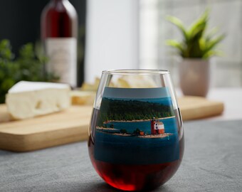 Round Island Lighthouse Stemless Wine Glass 11.75oz - Mackinac Island Michigan Charm | Travel Photography Bar Glassware