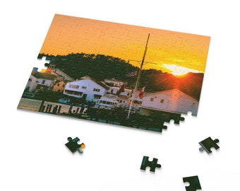 Golden Sunset Over Mackinac Island Marina Jigsaw Puzzle - Downtown Landscape (120, 252, 500-Piece) | Great Lakes Travel Photography