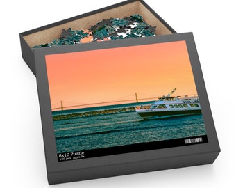 Golden Mackinac Bridge Sunset Puzzle - Lake Huron Ferry Landscape (120, 252, 500-Piece) | Great Lakes Travel Photography