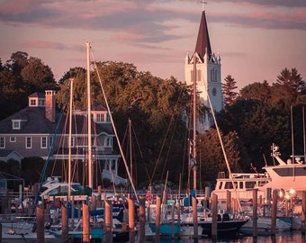 Serene Sunset at Mackinac Island Harbor with St. Anne's Church - Canvas Wall Art Print | Michigan Lighthouse Photography Artwork