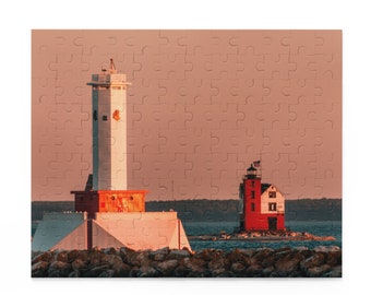 Golden Sunset Over Mackinac: Round Island Lighthouses Jigsaw Puzzle (120, 252, 500-Piece) | Great Lakes Travel Photography