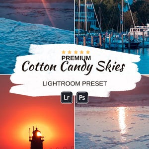 Puede incluir: Un collage de cuatro imágenes con vistas panorámicas. Arriba a la izquierda, una puesta de sol sobre el océano, y arriba a la derecha, un puerto con barcos. Abajo a la izquierda, un faro al atardecer, y abajo a la derecha, agua. El texto dice "Cotton Candy Skies" y "Lightroom Preset."
