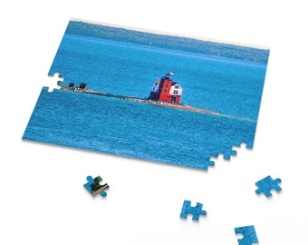 Round Island Lighthouse Jigsaw Puzzle - Stunning Lake Huron Photography (120, 252, 500-Piece) | Great Lakes Travel Photography