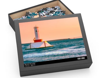 Golden Sunset Landscape Puzzle: Round Island Passage Light, Mackinac Island, Michigan (120, 252, 500-Piece) | Great Lakes Travel Photography