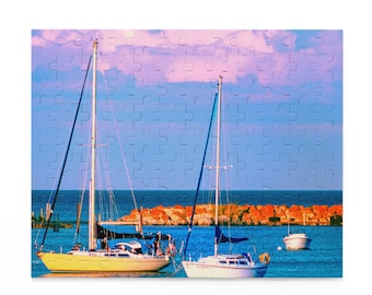 Mackinac Island Sunset Sailboats Jigsaw Puzzle - Mesmerizing Michigan Marina Scene (120, 252, 500-Piece) | Great Lakes Travel Photography