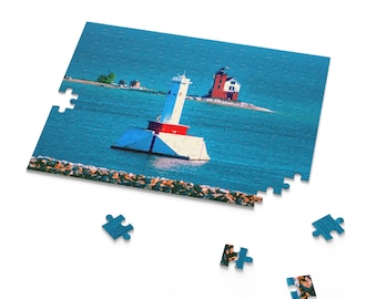Round Island Passage Lighthouse Jigsaw Puzzle - Tranquil Beauty of Lake Huron (120, 252, 500-Piece) | Great Lakes Travel Photography