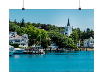 Mackinac Island Marina & Saint Anne's Church Landscape Poster Print | Michigan Photography | Professional Archival Paper | Wall Art