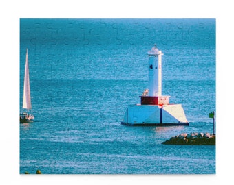 Round Island Passage Lighthouse Puzzle - Sailboat Scene | Lake Huron, Mackinac Island (120, 252, 500-Piece) | Great Lakes Travel Photography
