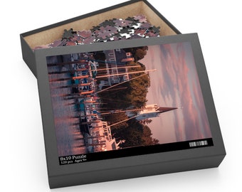 Tranquil Sunset Over Saint Anne Church & Marina - Mackinac Island Jigsaw Puzzle (120, 252, 500-Piece) | Great Lakes Travel Photography