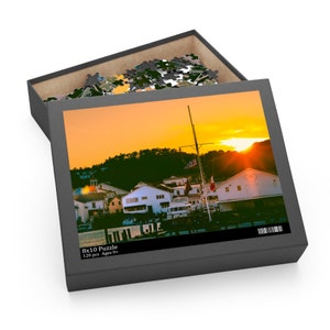 Golden Sunset Glow: Marina & Downtown Mackinac Island Jigsaw Puzzle (120, 252, 500-Piece) | Great Lakes Travel Photography