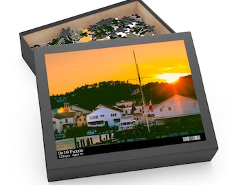 Golden Sunset Glow: Marina & Downtown Mackinac Island Jigsaw Puzzle (120, 252, 500-Piece) | Great Lakes Travel Photography