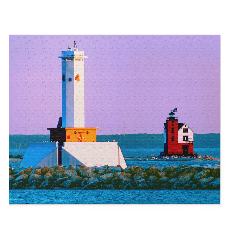 Majestic Mackinac Sunset: Round Island Lighthouses Landscape Puzzle 120, 252, 500-Piece Great Lakes Travel Photography image 3