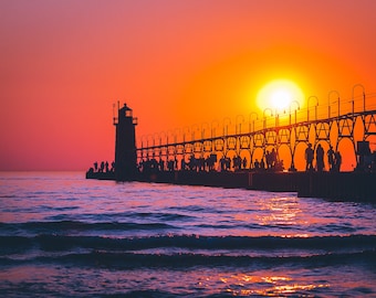 Serene Sunset at South Haven South Pier Lighthouse - Canvas Wall Art Print | Michigan Landscapes | Travel Photography | Photography Artwork