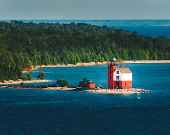 Landscape View of Round Island Passage Lighthouse on Mackinac Island - Canvas Wall Art Print | Michigan Travel Photography