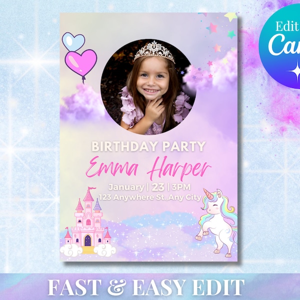 Girl's Unicorn Birthday Invite | Editable Rainbow and Sparkles Party Template | Instant Printable Invitation | Digital Download