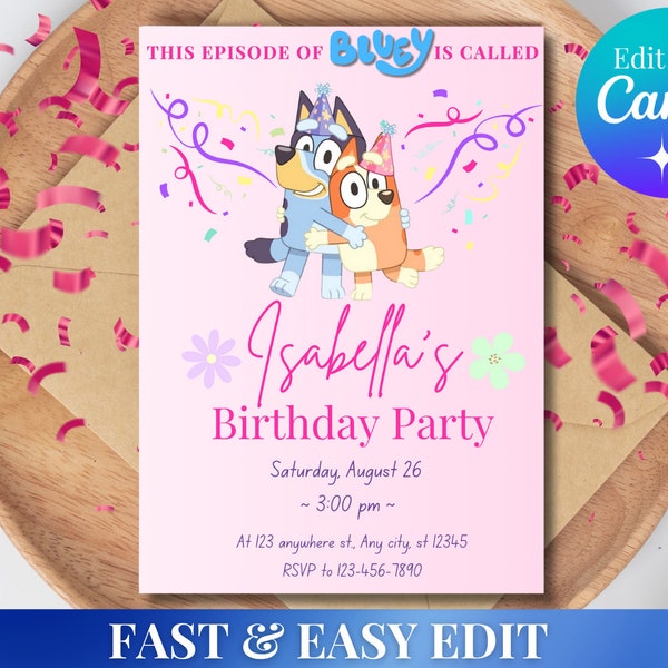 Editable Bluey Birthday Party Invitation | Girl Bluey Birthday | Invitation Template | Digital Kids Party Invitation