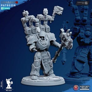 May include: A gray miniature figure of a futuristic warrior with detailed armor, a weapon, and a backpack-like structure. The figure is on a round base, approximately 1.5 inches in height and 1.6 inches wide. The image includes the text "CHAMAK PATREON TRIBES".