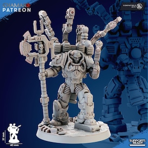 May include: A detailed, gray miniature figure of a futuristic warrior, standing on a circular base. The figure is heavily armored and equipped with multiple mechanical attachments and a large weapon. The figure is approximately 1.5 inches tall and 1.6 inches wide.