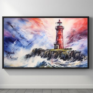 Printable Landscape Lighthouse In The Storm, Wall Art, Watercolour Painting, Instant Digital Download, Printable Wall Art, High Quality