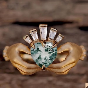 Moss Agate Ring, baguette ring, green moss agate engagement ring, engagement ring, agate ring, heart ring, claddagh ring, hands ring women