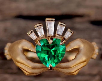 Vintage Style Yellow Gold Emerald Ring, Green Gemstone Engagement Ring, May  Birthstone Ring, Heart Cut Gemstone, Gold statement Ring women