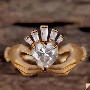 Heart Moissanite engagement ring 14K gold, Claddagh Ring, Engagement Proposal Ring, Crown ring, Heart shaped moissanite promise ring for her