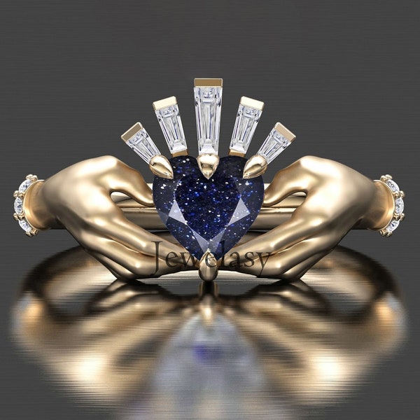 Art Deco Blue Sandstone Engagement Ring, 14k Gold Blue Sandstone Bridal Ring, Heart Shaped Sandstone Ring For Women, Sandstone Wedding Ring.
