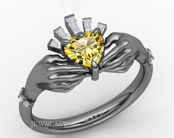 Yellow Moissanite Claddagh Ring, Moissanite Engagement Ring, Heart Cut Yellow Moissanite Ring, Two Tone Heart Shape Yellow Moissanite Ring.