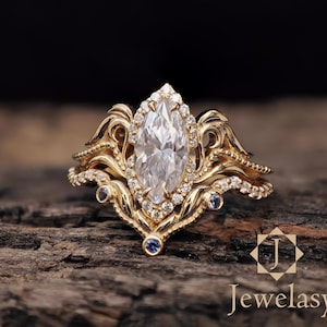 1CT Marquise Brilliant Cut Moissanite Halo Bridal Engagement Ring Set Women Vintage Art Deco 18kt Gold Bridal Ring 2Pc Floral Wedding v band