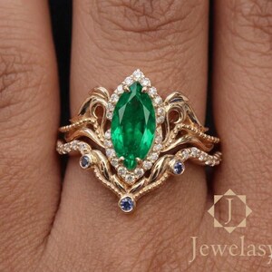 Marquise Emerald Engagement Ring Set, 14K Gold Vintage Elven Bridal Band